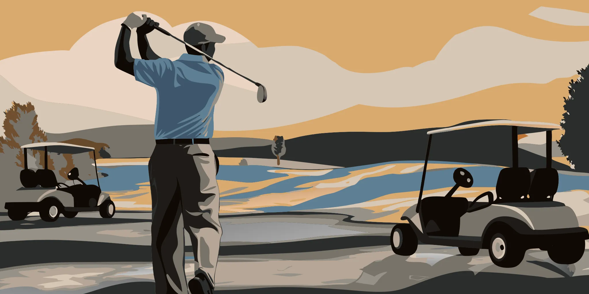 Golf course with advertising signage on tee boxes and golf carts on a sunny day