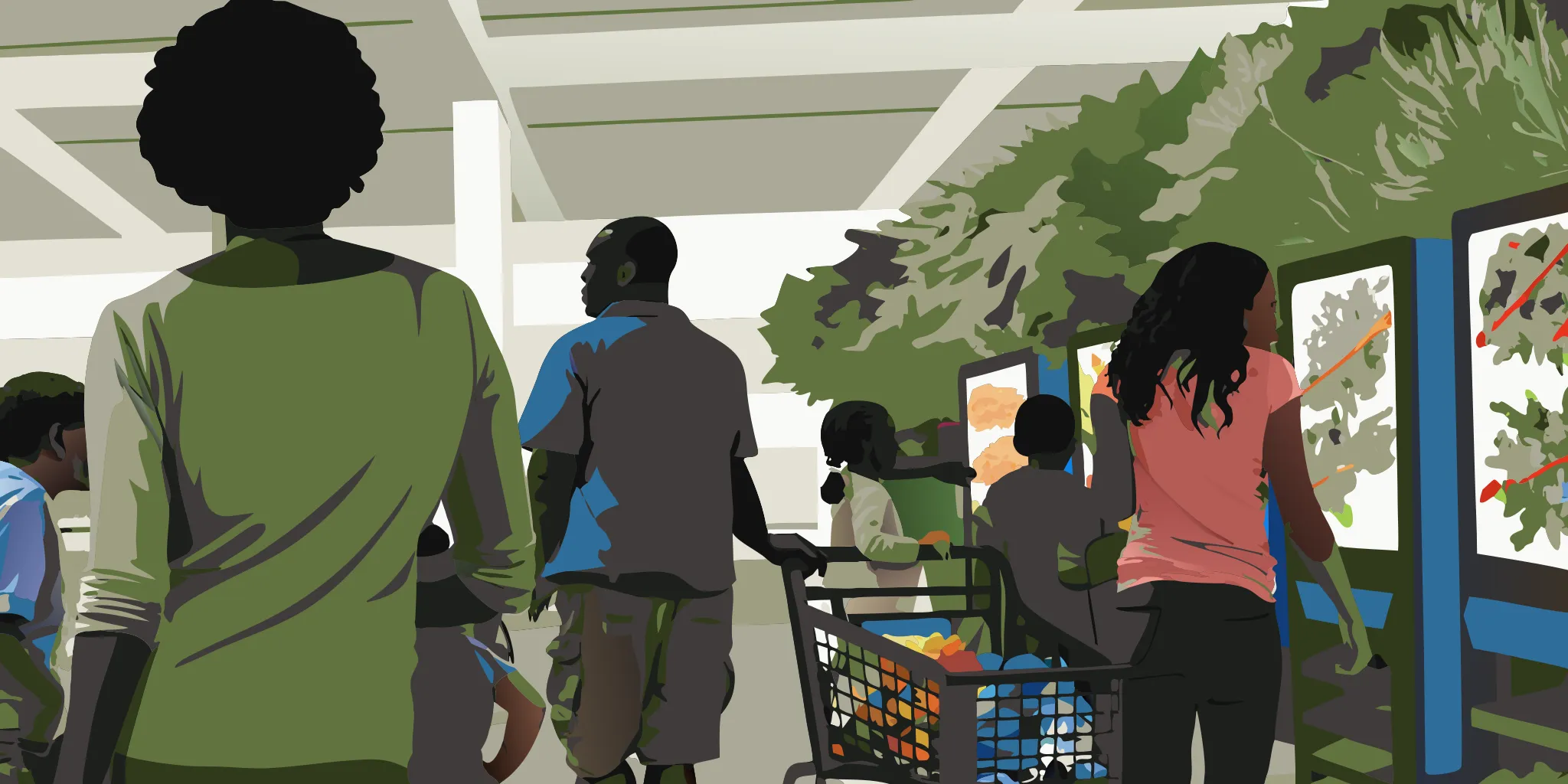 grocery-store-advertising-high-frequency-place-based-media-strategies-501693 Shoppers in a modern grocery store viewing digital advertising displays and branded shopping cart ads