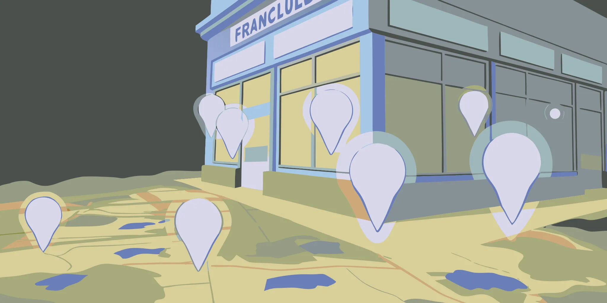 Franchise brand locations with hyperlocal targeting pins on a neighborhood map