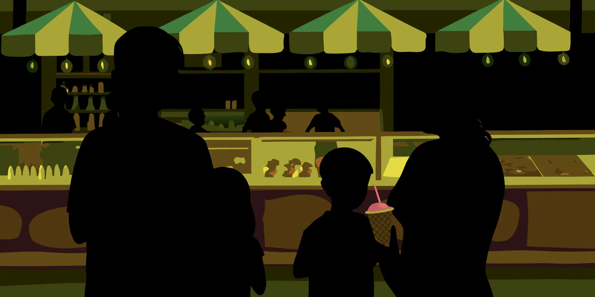 A family enjoying ice cream in a bright ice cream shop on a sunny summer day