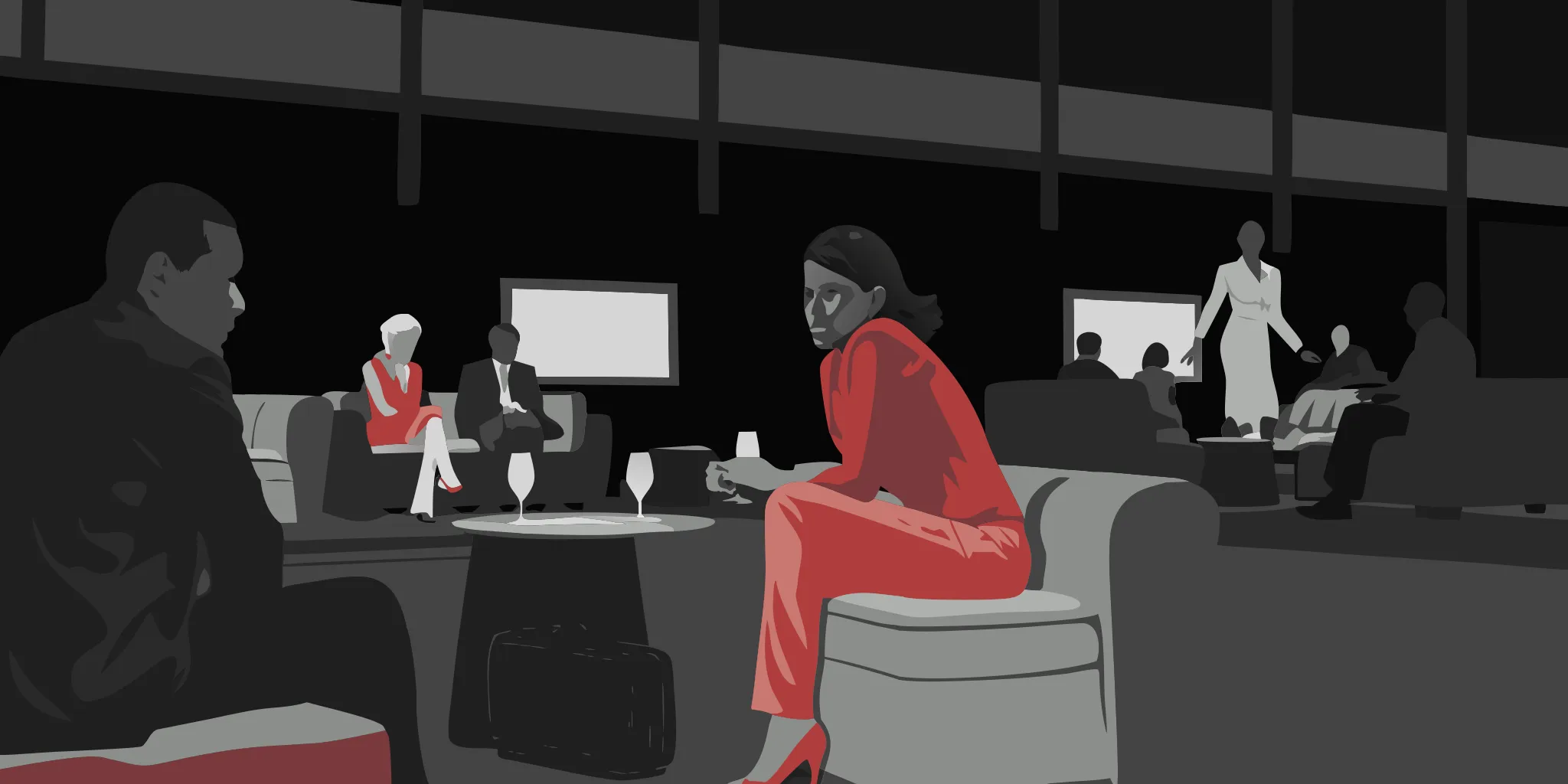 Travelers relaxing in a modern hotel lobby and guest room with place-based advertising displays, warm hospitality setting with diverse guests