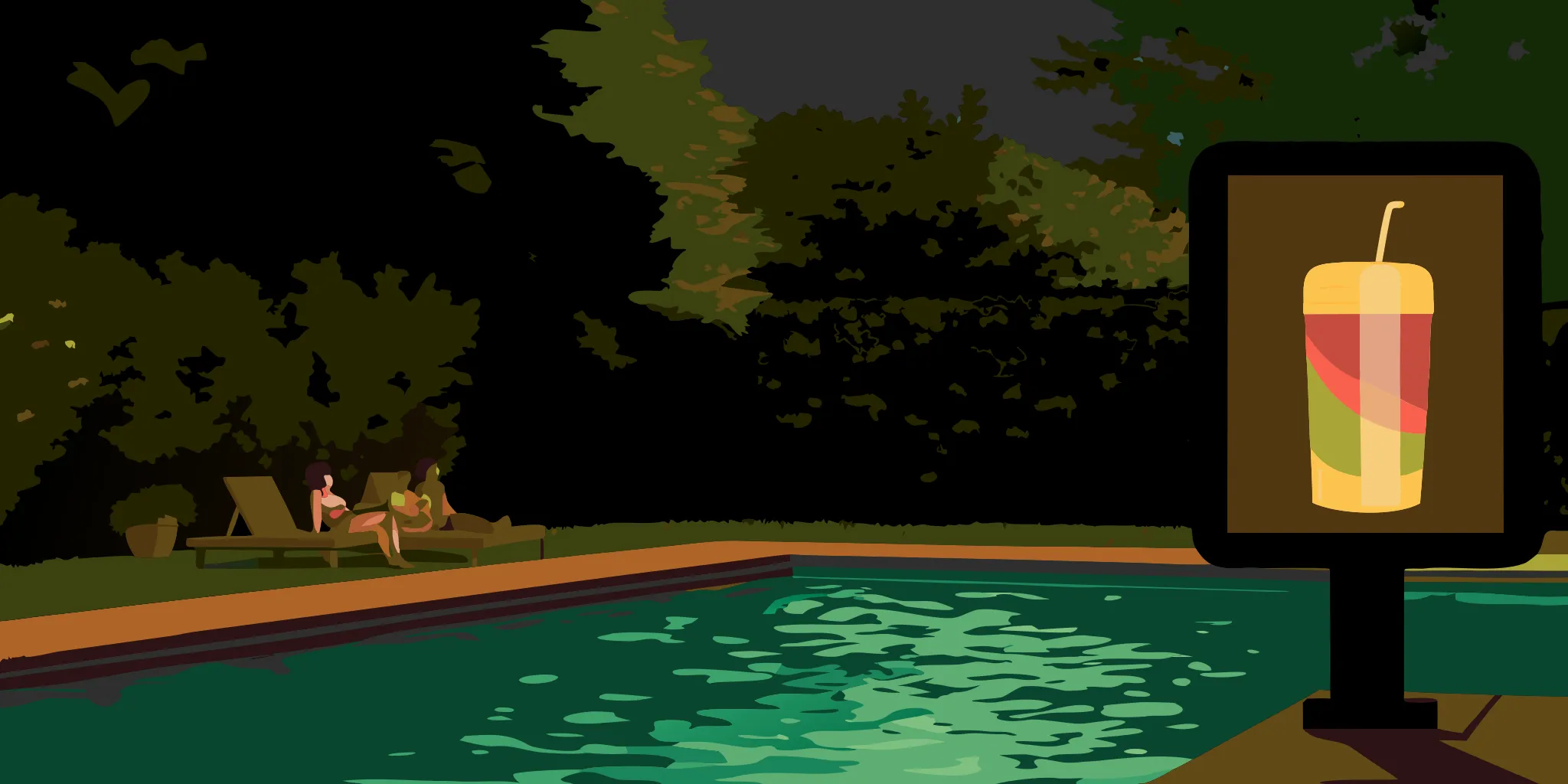 A poolside place-based out-of-home advertising display billboard showcasing a brand next to a clear blue swimming pool