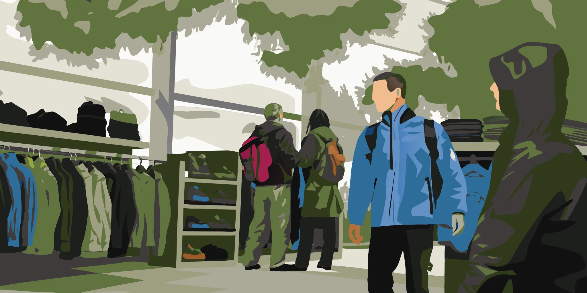 Outdoor retail store interior with shoppers browsing camping and hiking gear near advertising signage