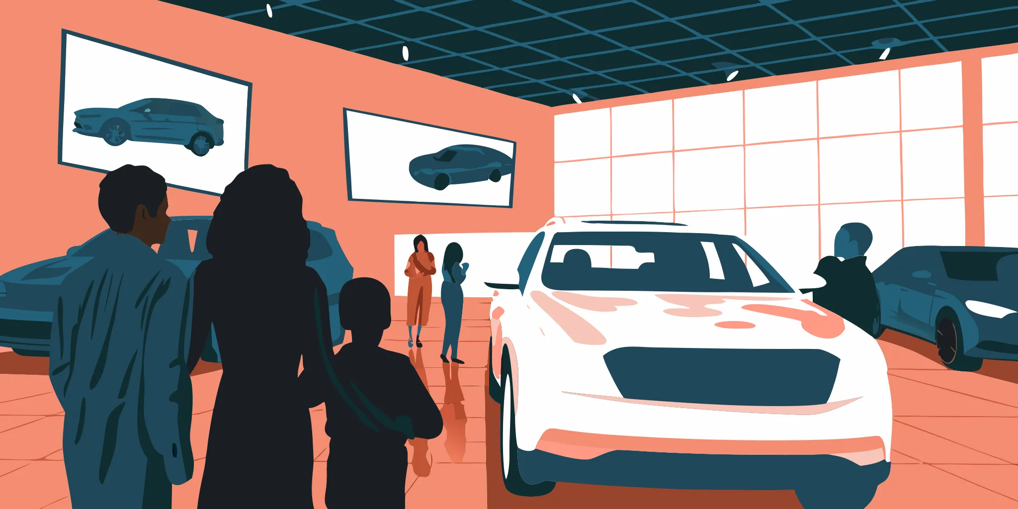 Car dealership showroom with shoppers examining vehicles near digital advertising displays