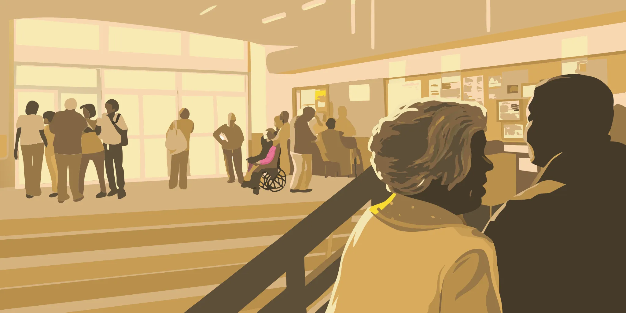 Diverse families and community members gathering in a bright community center lobby with natural light
