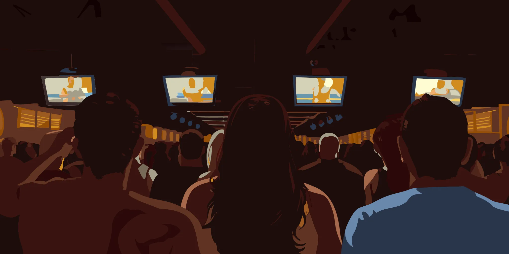 People in a busy gym and coffee shop looking up at digital advertising screens mounted in high-dwell venues