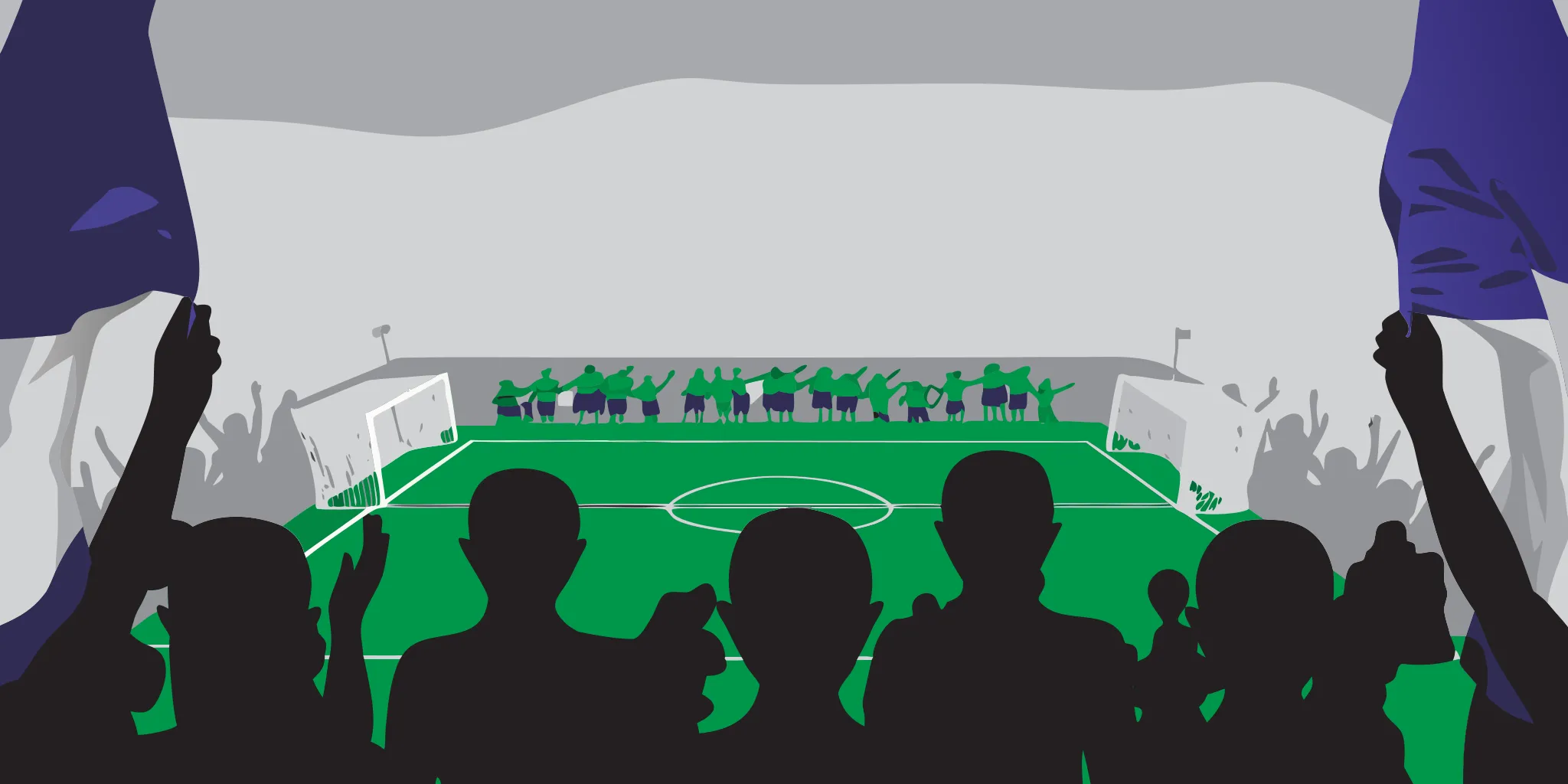 Colorful advertising banners surrounding a busy youth soccer field with families watching from the sidelines